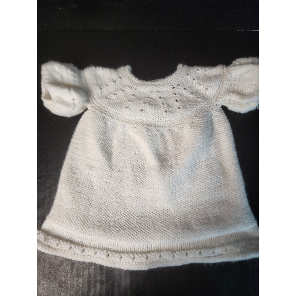 Handmade White Knit Baby Dress Pointelle Eyelet Puff Sleeve Vintage Style